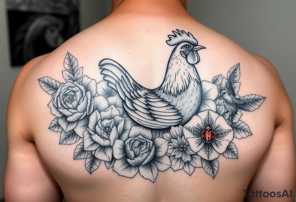 A chicken surrounded by peony , roses and hydrangeas with ladybug on flowers petal with hummingbird tattoo idea