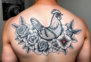 A chicken surrounded by peony , roses and hydrangeas with ladybug on flowers petal with hummingbird tattoo idea