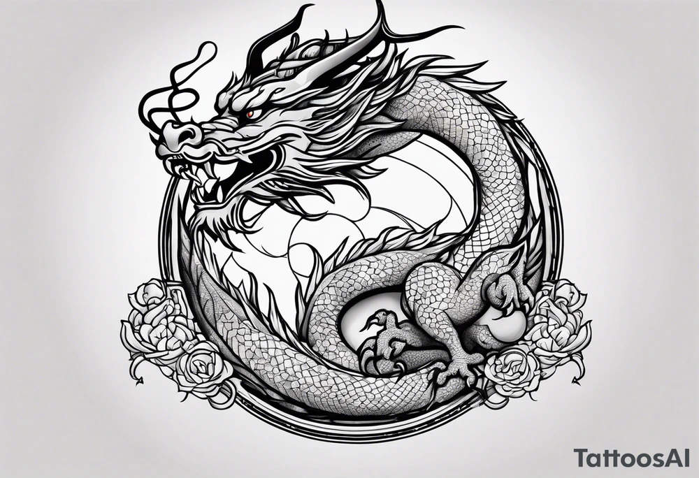 Fierce Chinese dragon black outline full body holding orb tattoo idea