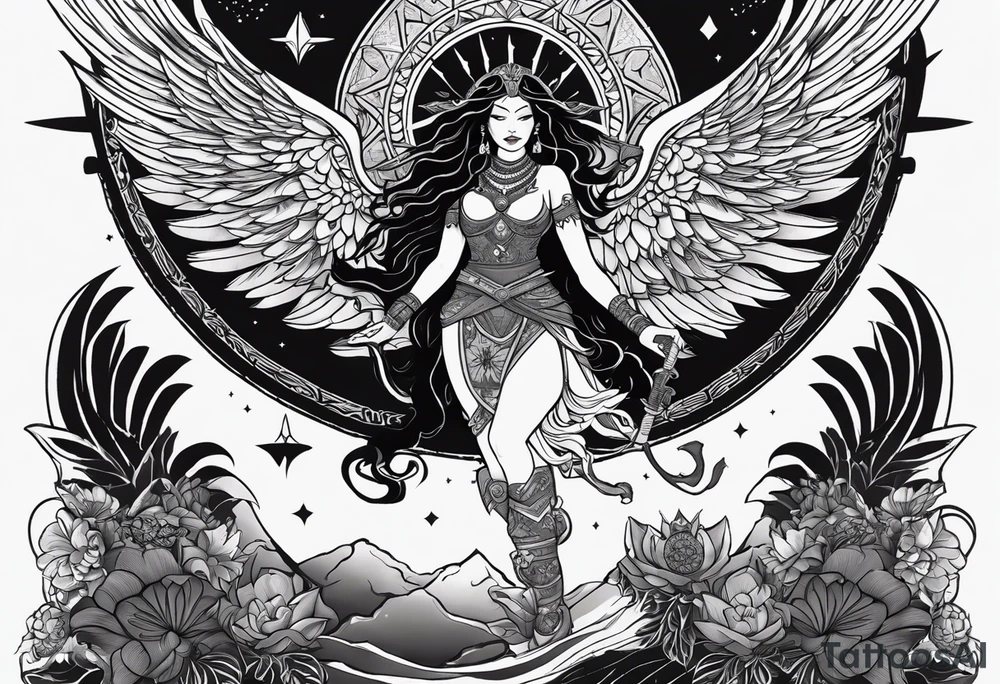 black kali, goddess pirate, alien, angel, pachamama, valkrye, warrior, flying, skull, lotus azul, wing, eagle, zenza resonance, stars, 5D, anahata chakra, death, durga, riding on a tiger, flying lady tattoo idea