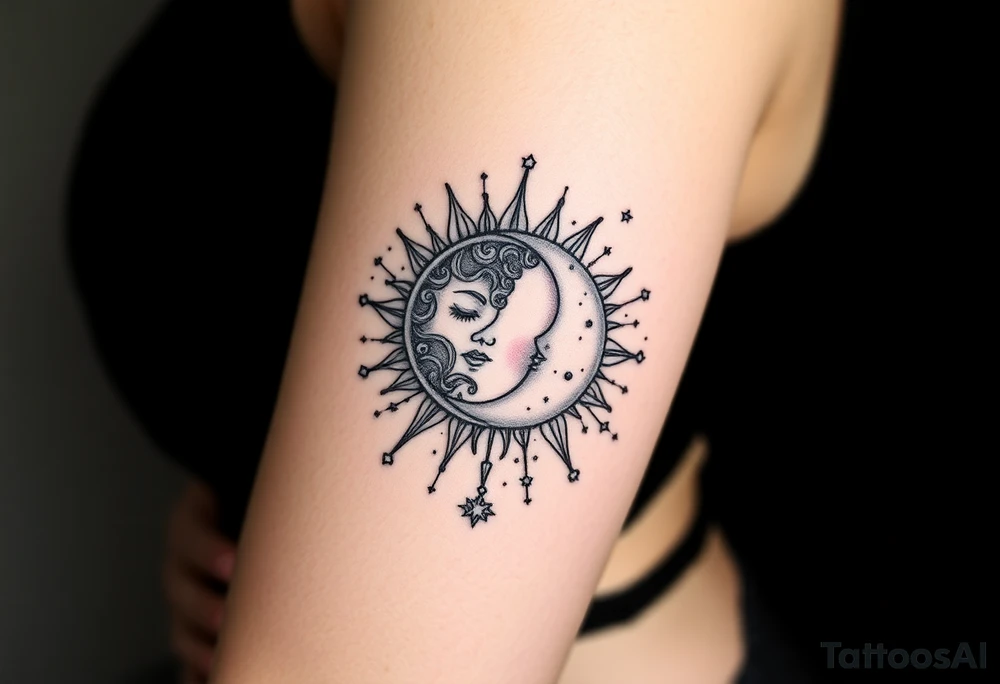celestial sun and moon embrace with constellation patterns tattoo idea