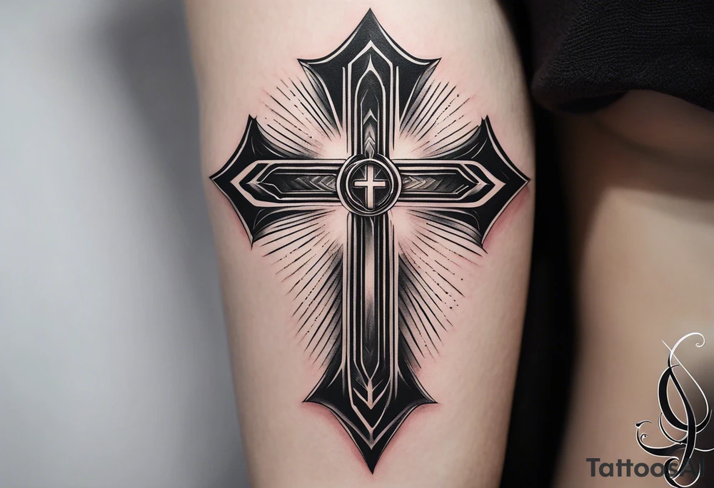 Surrealistic Tattoo: A refined cross with a soft halo on top of it, symbolizing light and spirituality. Delicate rays extend outward from the halo, adding a subtle glow and depth. The cross itself is simple and elegant, with potential for small, intricate line details within the design. Style: Surrealism tattoo idea