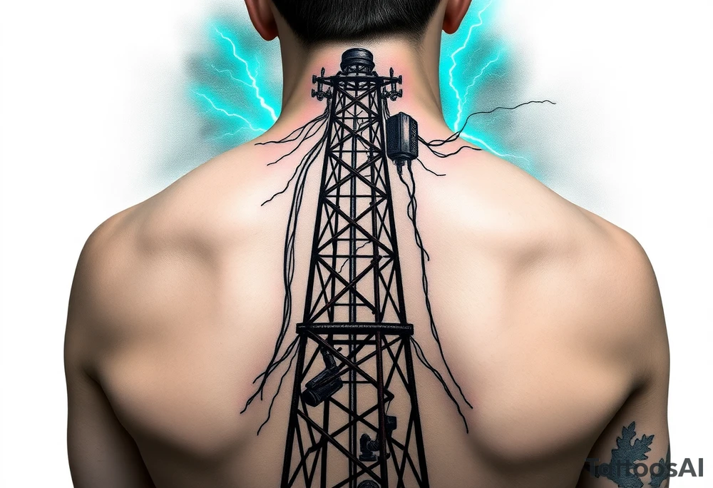 Dystopian Radio Tower with Lightning Strikes
A rusted, cyberpunk-style radio tower with crackling energy waves.
Wires hanging off like vines, with a neon-blue or green storm in the background.
Could feature a signal interference/glitch motif. tattoo idea