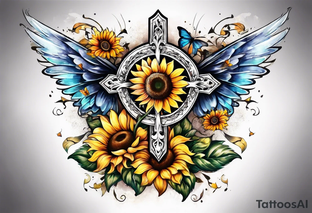 Winged cross with sunflower and butterflies tattoo idea