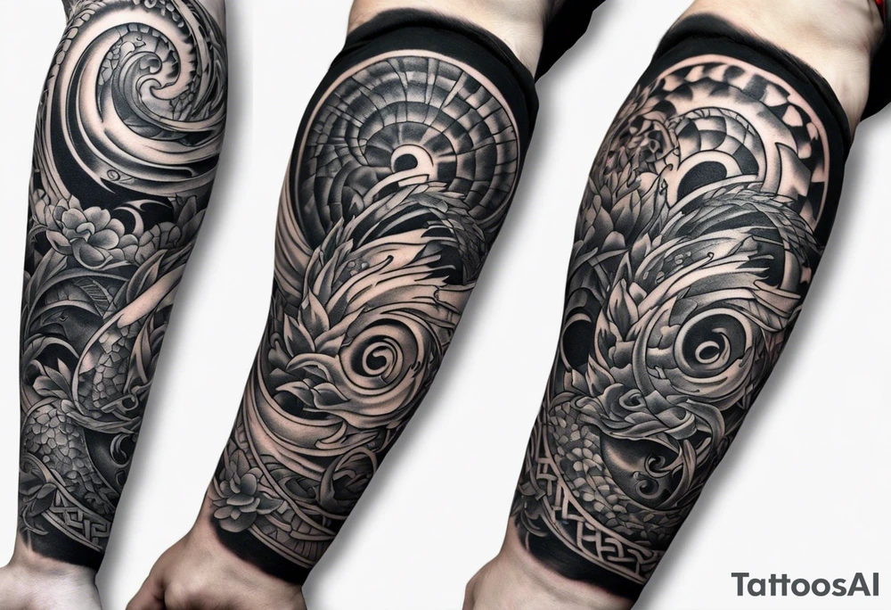 arm sleeve tattoo split into 3 different areas spiraling down the arm. the first area being Based on japanese Mythology. The 2nd one being based on Hindu mythology and the 3rd one being based on celtic mythology tattoo idea