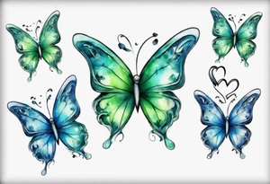 4 small blue and green butterflies, with 4 small 3D hearts, light in color, with some sort of vine intertwining them. tattoo idea