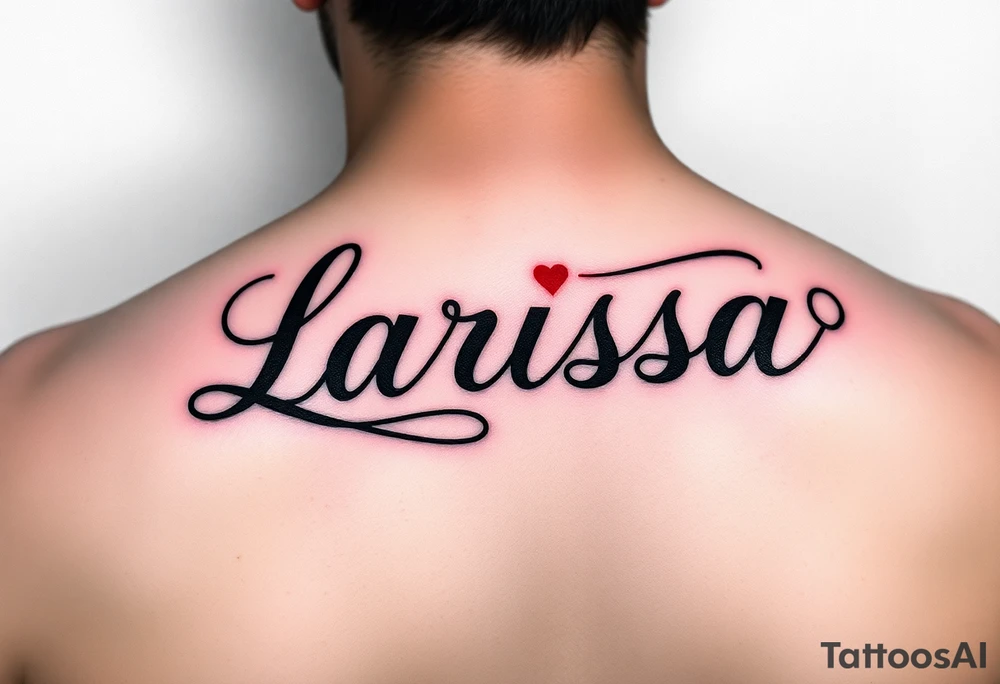 Can you make the name larissa in cursive but in black but put a little heart in above the i and the r and add a faint but visable red glowing around the name tattoo idea