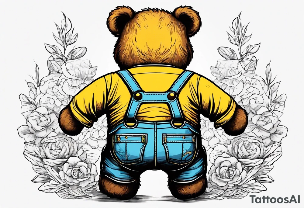 the back of a standing brown 
teddy bear in yellow overalls tattoo idea