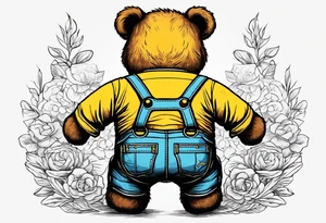 the back of a standing brown 
teddy bear in yellow overalls tattoo idea