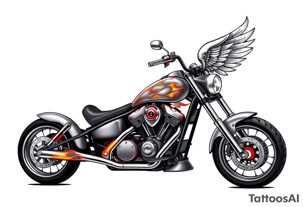 Low rider grey motorcycle, flames, angel wings tattoo idea