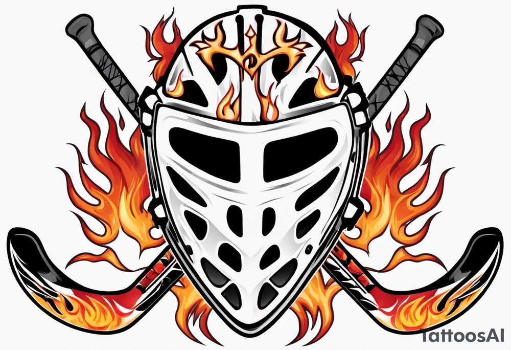 a goalie mask with crossed hockey sticks and flames saying "SHOT HOCKEY" tattoo idea