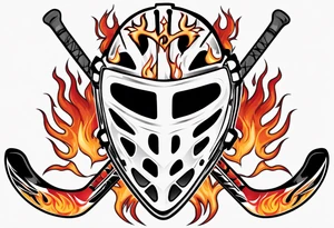a goalie mask with crossed hockey sticks and flames saying "SHOT HOCKEY" tattoo idea