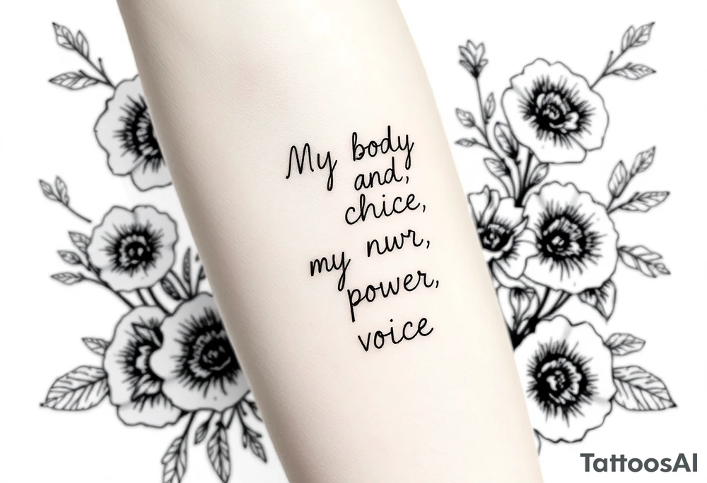 My body, my choice, my power, my voice inside the outline of a Curvy, tattooed woman's body in a frame of flowers tattoo idea