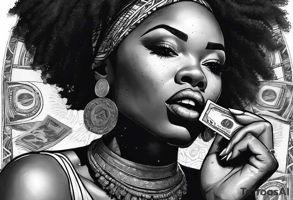 african woman biting money tattoo idea