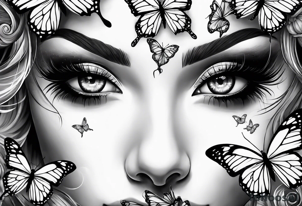 Dark feminine eyes and butterflies tattoo idea