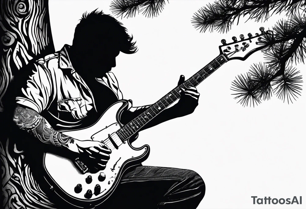 silhouette of a man playing electric guitar while sitting in a pine tree. tattoo idea