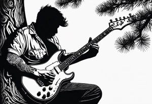 silhouette of a man playing electric guitar while sitting in a pine tree. tattoo idea