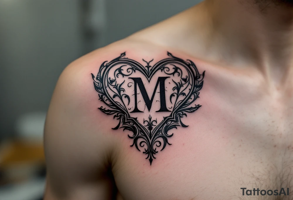 A black and grey ornamental heart with a bold Gothic-style letter "M", surrounded by subtle shading and filigree details. tattoo idea