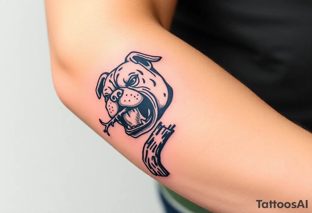 english bulldog biting branch hanging from tree medieval woodcut tattoo idea