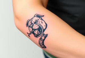 english bulldog biting branch hanging from tree medieval woodcut tattoo idea