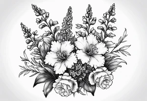 Small, simple sketched bouquet of larkspur, with one stemmed carnation tattoo idea