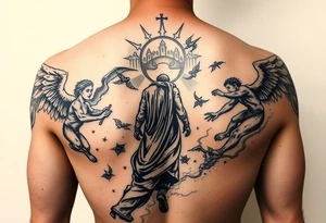 A battle between angels and demons while a father guides his son through the path of life showing battle wounds on back on his way to the gates of heaven tattoo idea
