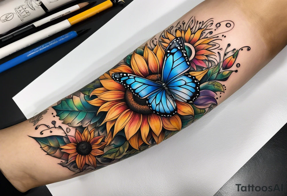 Quarter Leg sleeve with dreamcatcher, rainbow sunflowers and one butterfly tattoo idea