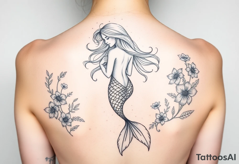 ethereal mermaid with flowing hair among coral and sea flowers tattoo idea
