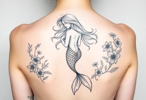 ethereal mermaid with flowing hair among coral and sea flowers tattoo idea
