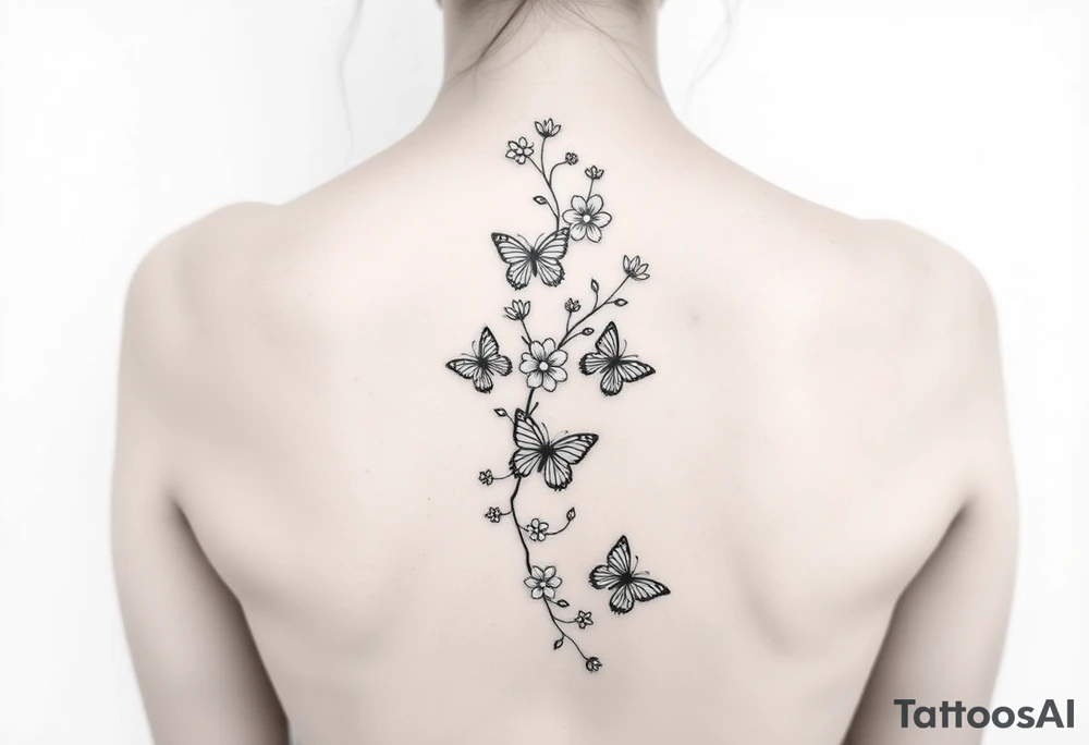 Flower vine all the way down back with butterflies tattoo idea