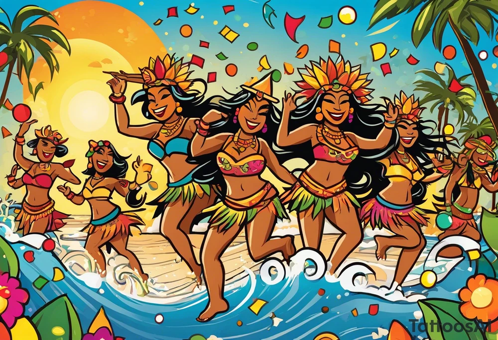 dancing tiki gods and hula girls on the left and right side of a beach party scene with confetti and music notes with a setting sun in the center of the image. the sun is the focal point with the characters only at the sides tattoo idea