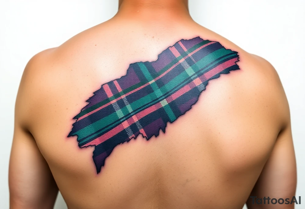 Side of arm Dark Purple with green pink blue and white highlights tartan fabric with skin peeling away at edges tattoo idea