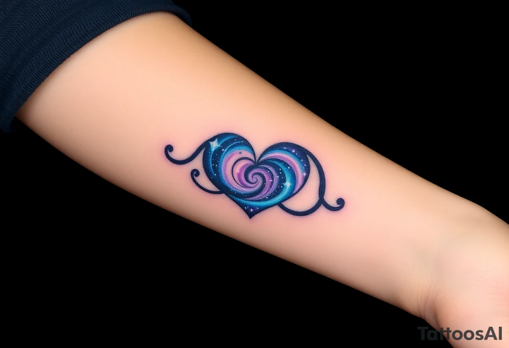 An infinity symbol with a heart made of swirling galaxy patterns, featuring deep blues, purples, and subtle stardust, symbolizing cosmic love tattoo idea