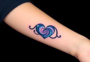 An infinity symbol with a heart made of swirling galaxy patterns, featuring deep blues, purples, and subtle stardust, symbolizing cosmic love tattoo idea