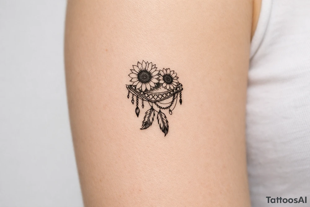 sunflowers with feathers and female Indian tribal ribbon cascading upper arm tattoo idea