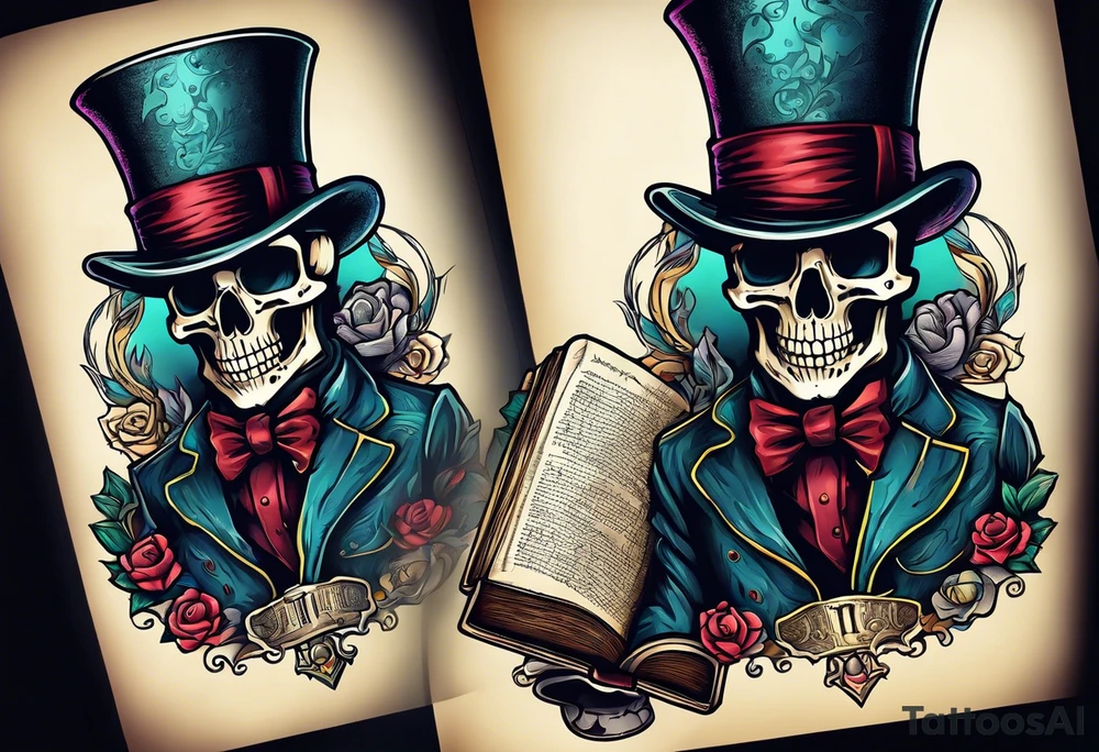 skeleton wearing a top hat holding a holy bible tattoo idea