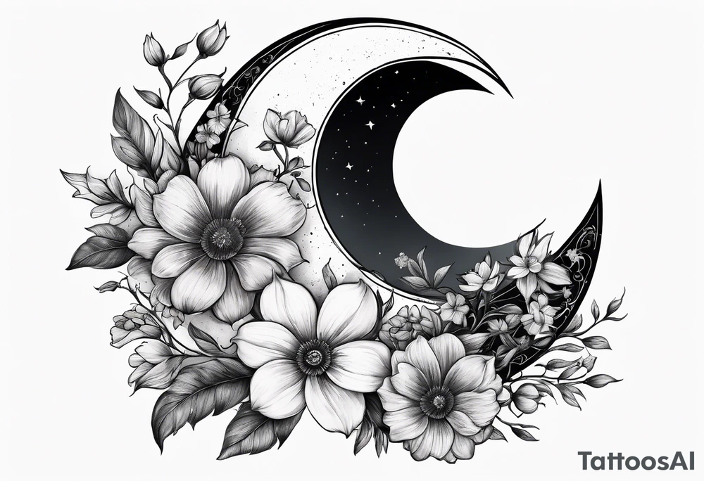 Crescent moon shrouded by beautiful flowers tattoo idea