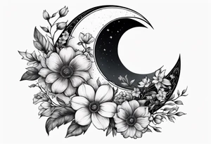 Crescent moon shrouded by beautiful flowers tattoo idea