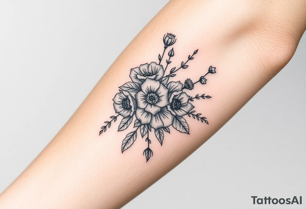 vintage bouquet of wild roses and meadow flowers with morning dew tattoo idea