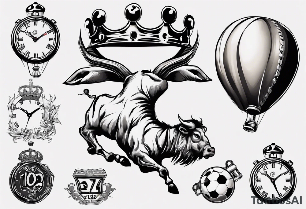 Ballon de foot avec le numéro23,  une horloge avec une couronne,  le tout avec au fond un taureau tattoo idea