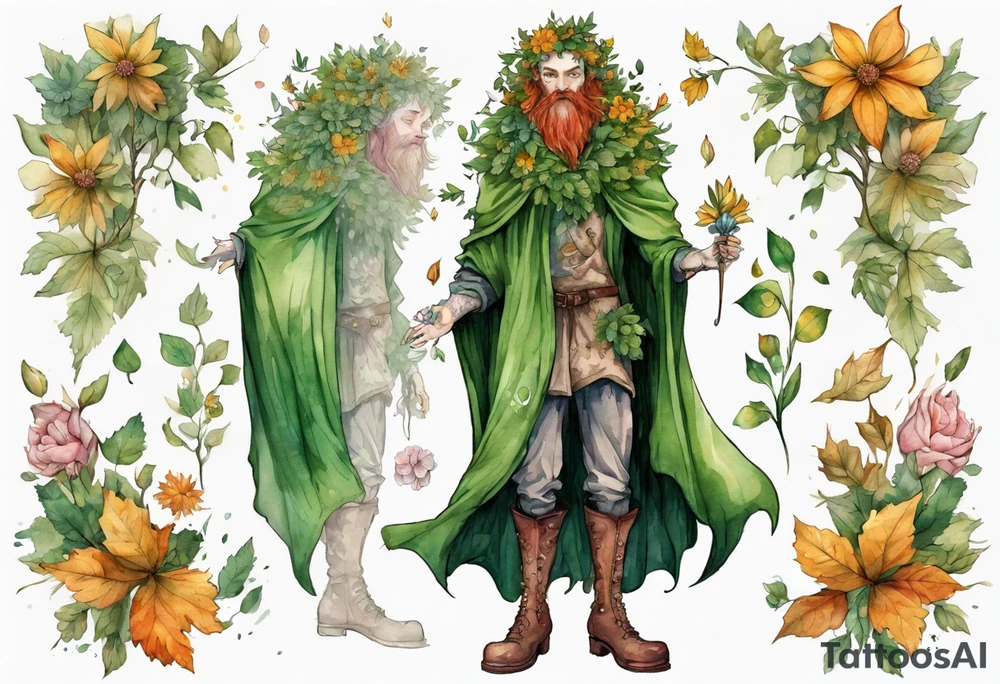 A tall, beautiful tree-man hybrid with flower hair and a cloak made of leaves. Wearing floral medieval boots. Singing. tattoo idea