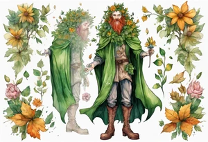 A tall, beautiful tree-man hybrid with flower hair and a cloak made of leaves. Wearing floral medieval boots. Singing. tattoo idea