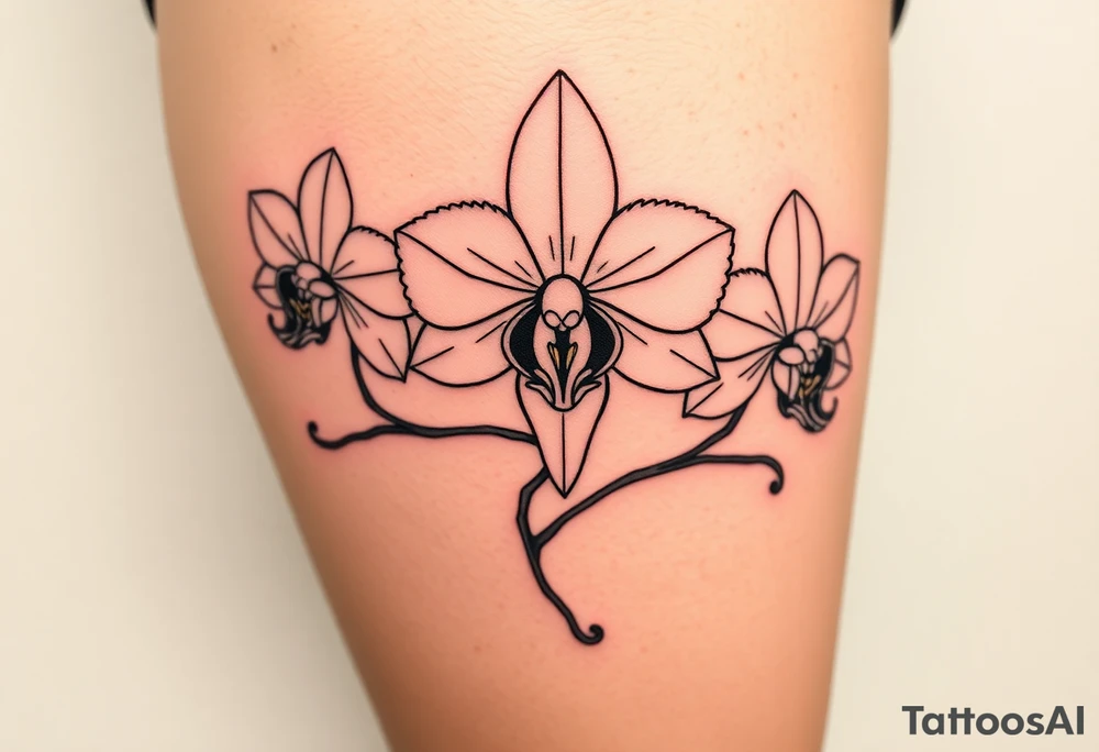 Three fine line orchids different size realistic, the central part resembles a vagina. Are connected with branches tattoo idea