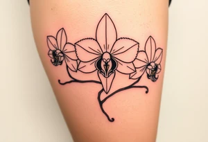 Three fine line orchids different size realistic, the central part resembles a vagina. Are connected with branches tattoo idea