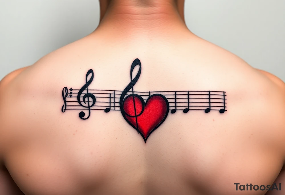 Music staff with treble clef and music notes with Ekg line in middle of tattoo with red heart tattoo idea