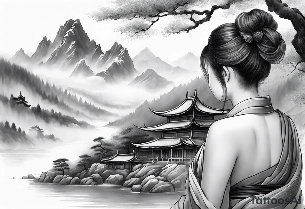 forearm sleeve traditional chinese art painting style autumn mountains mist fog water Chinese temple female with pony tail wearing robes seated meditating in the background tattoo idea