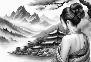 forearm sleeve traditional chinese art painting style autumn mountains mist fog water Chinese temple female with pony tail wearing robes seated meditating in the background tattoo idea