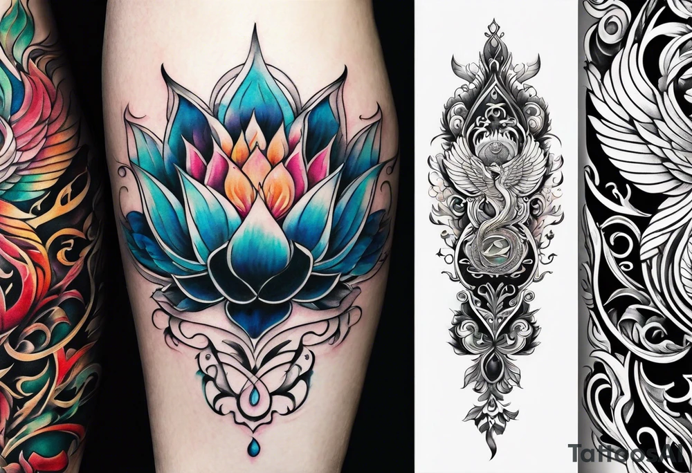 one vertical tattoo that combines lotus flower, phoenix and helix, strength and resilience symbols tattoo idea