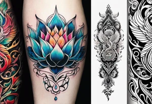 one vertical tattoo that combines lotus flower, phoenix and helix, strength and resilience symbols tattoo idea