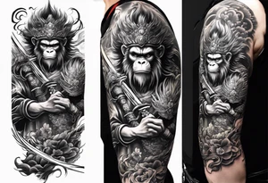 a full arm sleeve tattoo of 
the monkey king with weapon, a japanese dragon, and
 shrouded mother holding a baby tattoo idea